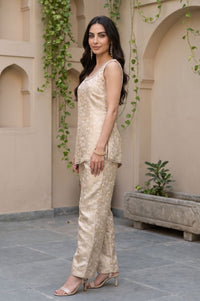 Beige Self Design Jacquard Asymmetric Kurta Pant &amp; Dupatta Set with Pearl Work
