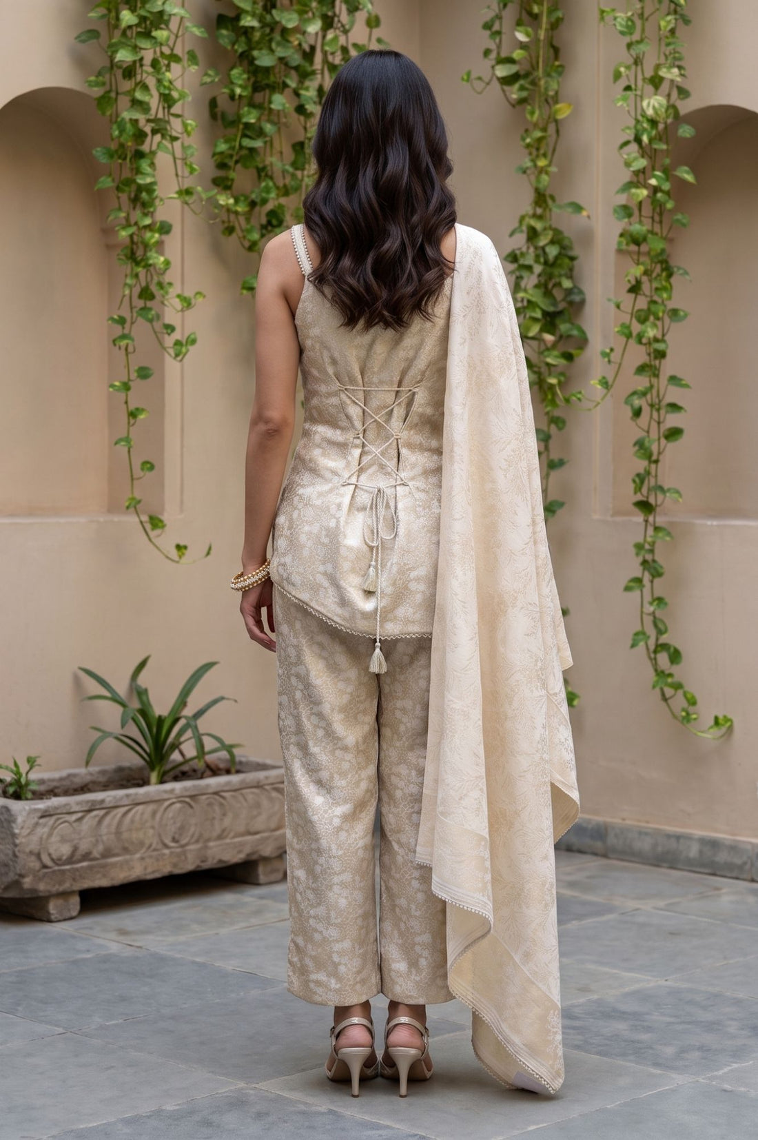 Beige Self Design Jacquard Asymmetric Kurta Pant &amp; Dupatta Set with Pearl Work