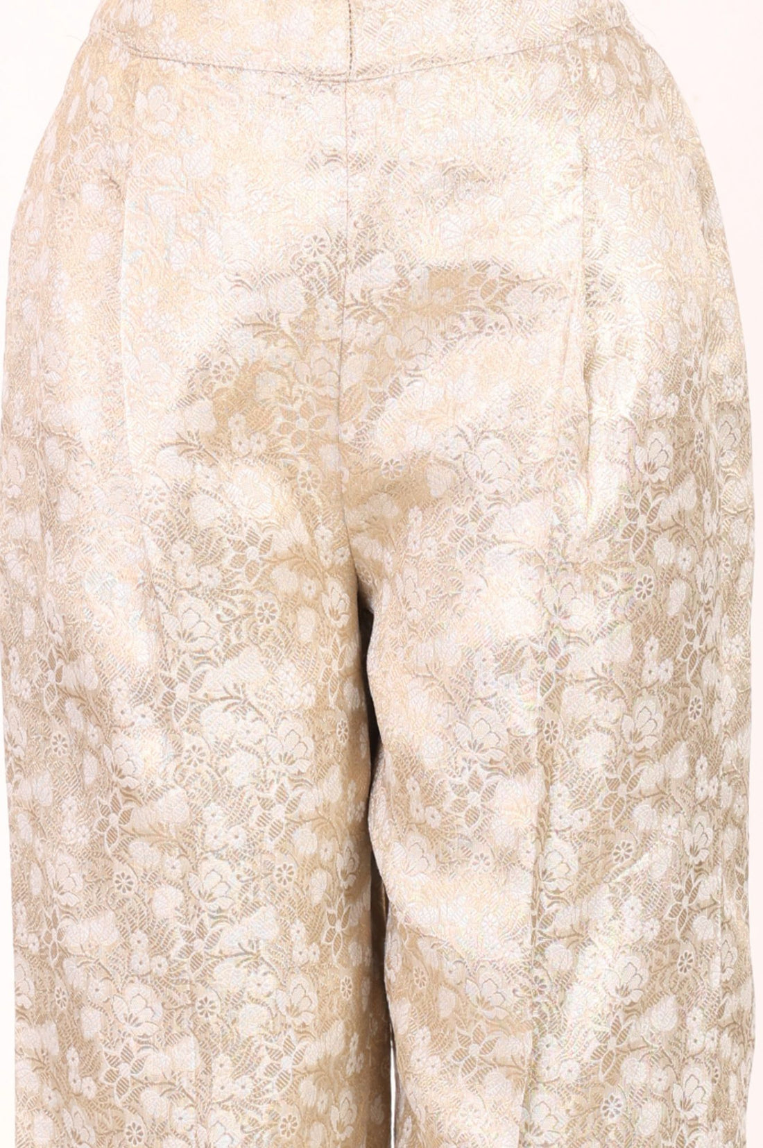 Beige Self Design Jacquard Asymmetric Kurta Pant &amp; Dupatta Set with Pearl Work