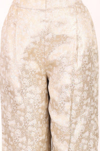 Beige Self Design Jacquard Asymmetric Kurta Pant &amp; Dupatta Set with Pearl Work