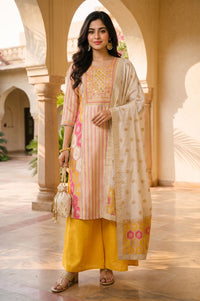 Multicolor Geometric Printed Mirror Work Yarn Dyed Jacquard Straight Kurta with Palazzo and Dupatta Set