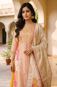 Multicolor Geometric Printed Mirror Work Yarn Dyed Jacquard Straight Kurta with Palazzo and Dupatta Set