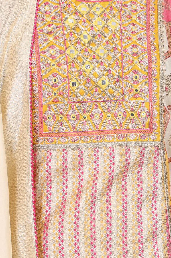 Multicolor Geometric Printed Mirror Work Yarn Dyed Jacquard Straight Kurta with Palazzo and Dupatta Set