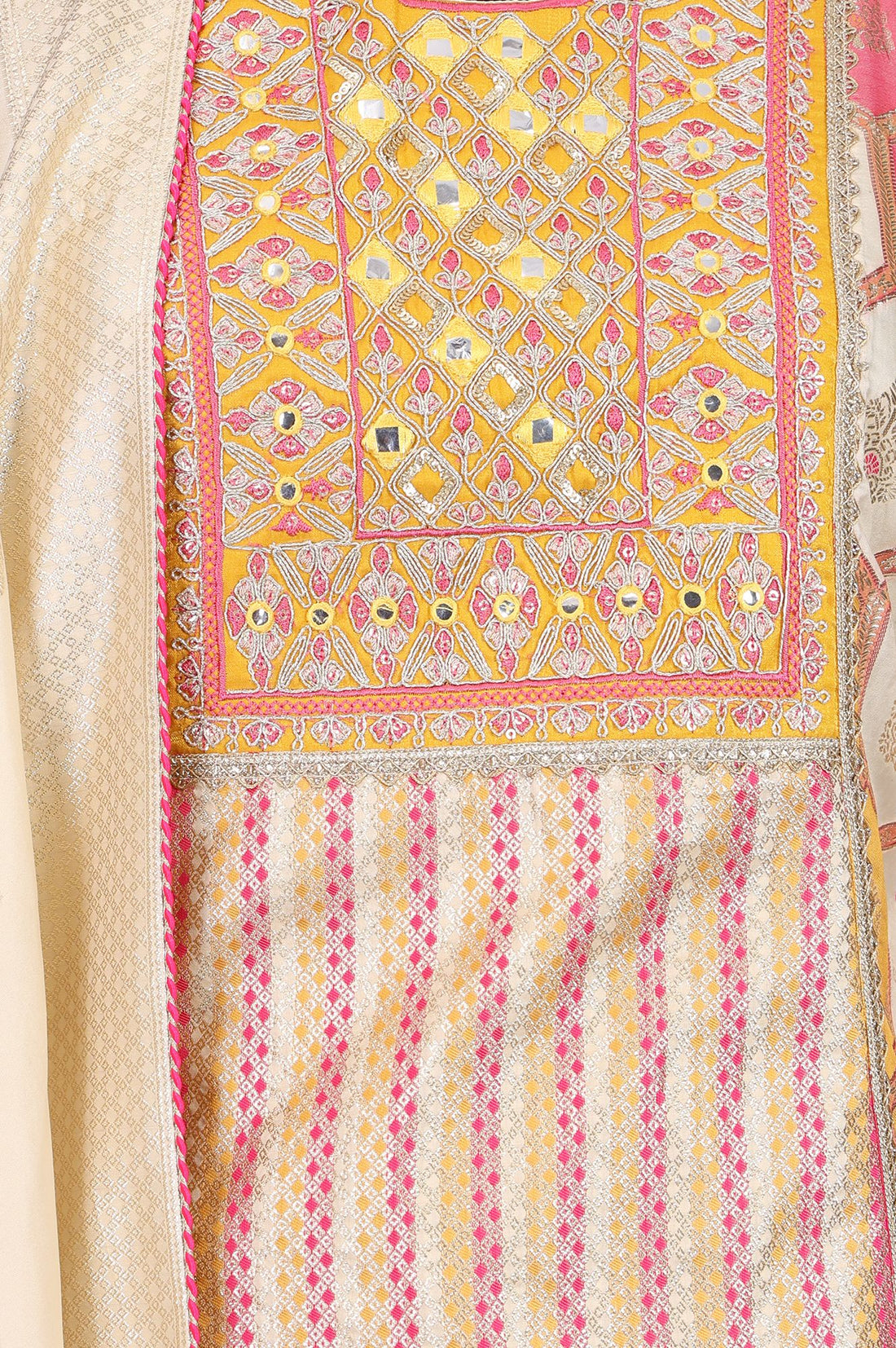 Multicolor Geometric Printed Mirror Work Yarn Dyed Jacquard Straight Kurta with Palazzo and Dupatta Set