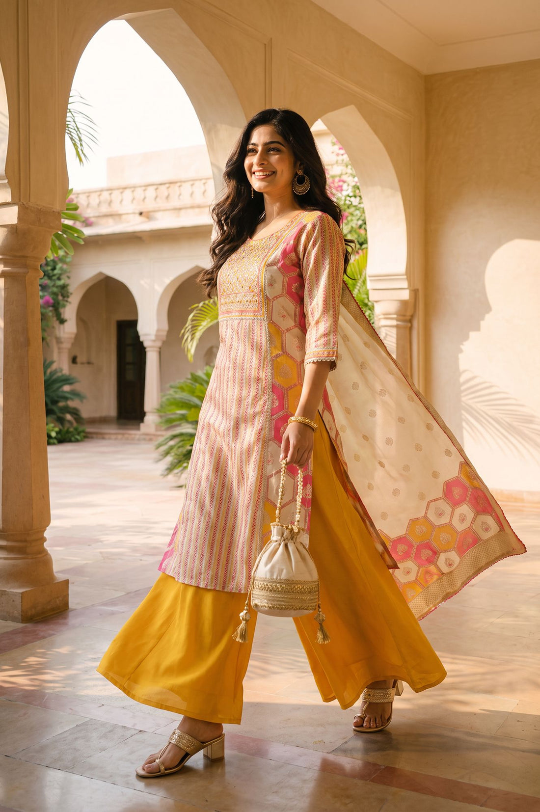 Multicolor Geometric Printed Mirror Work Yarn Dyed Jacquard Straight Kurta with Palazzo and Dupatta Set