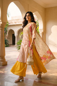 Multicolor Geometric Printed Mirror Work Yarn Dyed Jacquard Straight Kurta with Palazzo and Dupatta Set