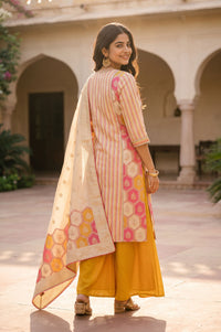 Multicolor Geometric Printed Mirror Work Yarn Dyed Jacquard Straight Kurta with Palazzo and Dupatta Set