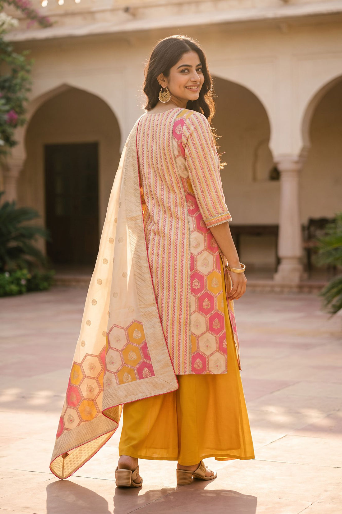 Multicolor Geometric Printed Mirror Work Yarn Dyed Jacquard Straight Kurta with Palazzo and Dupatta Set