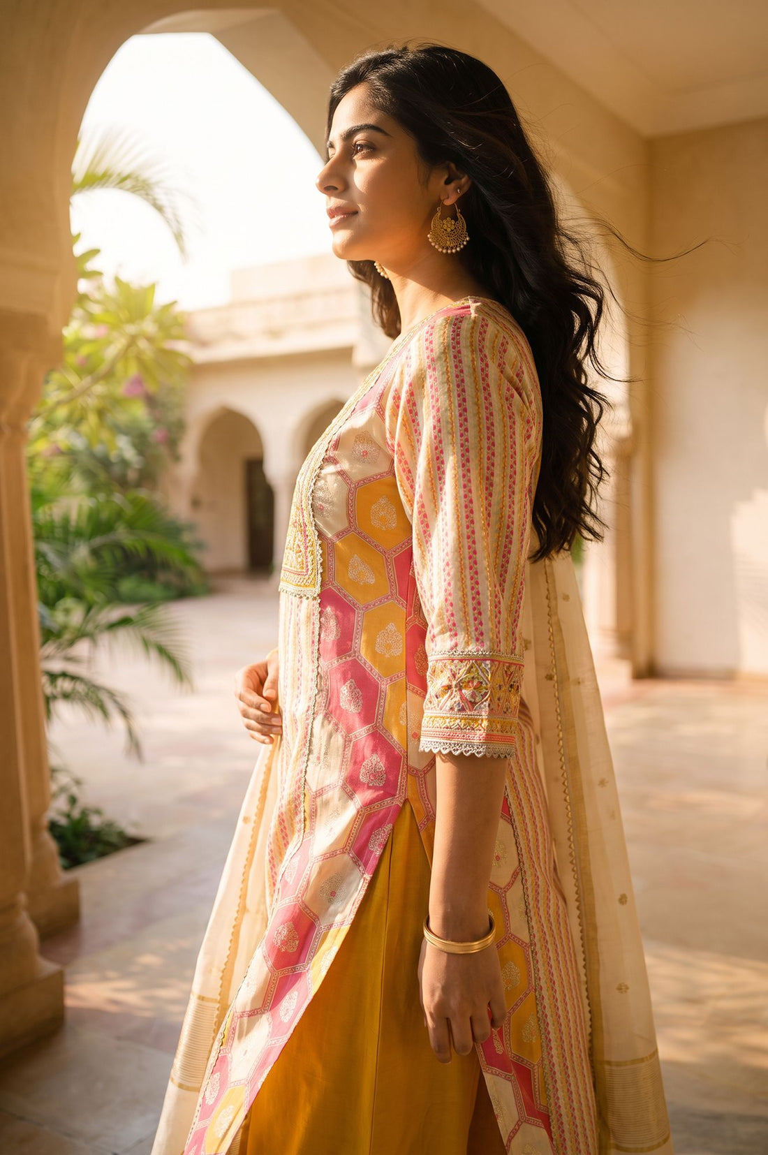 Multicolor Geometric Printed Mirror Work Yarn Dyed Jacquard Straight Kurta with Palazzo and Dupatta Set