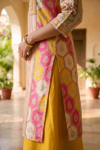 Multicolor Geometric Printed Mirror Work Yarn Dyed Jacquard Straight Kurta with Palazzo and Dupatta Set