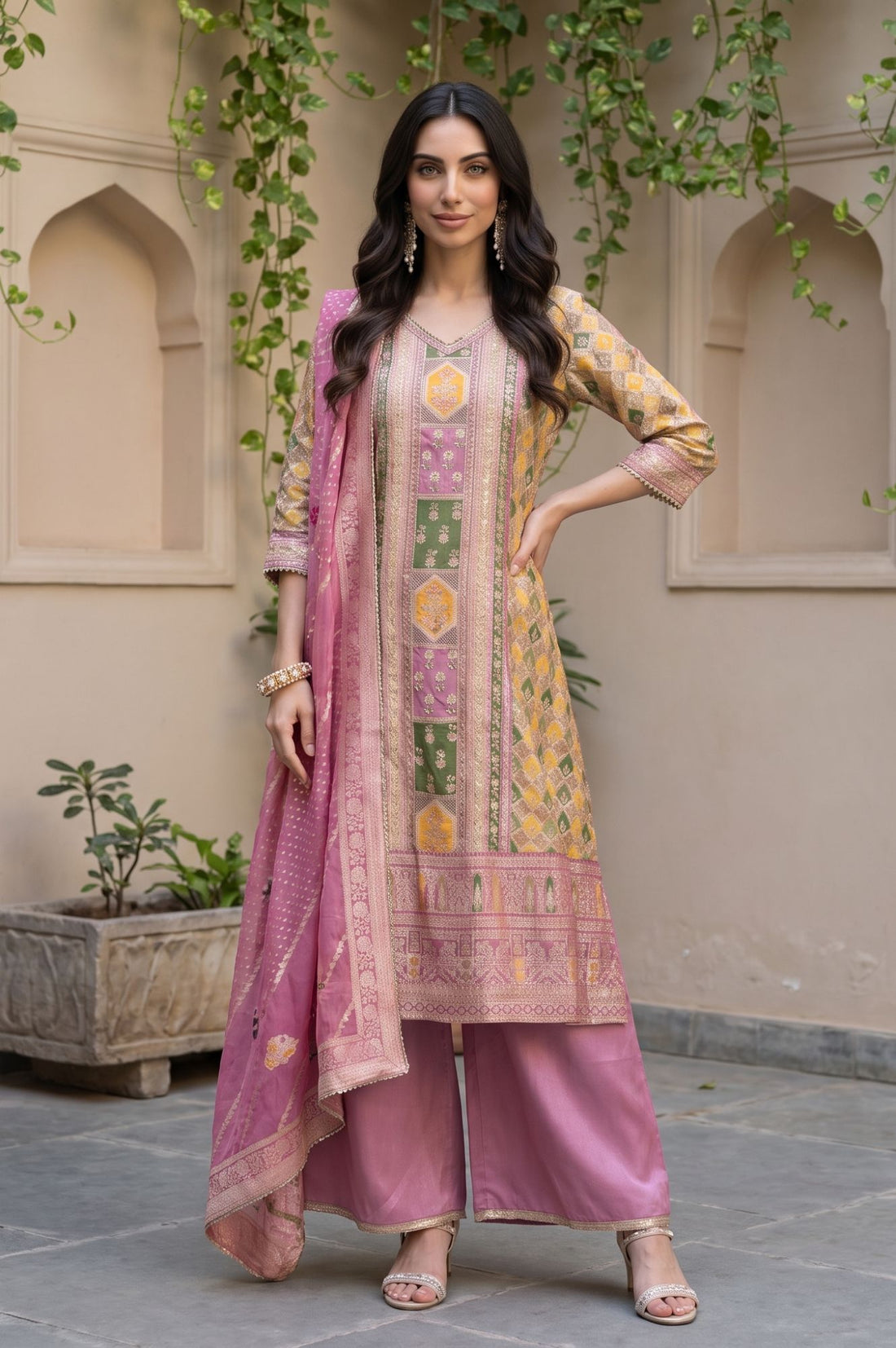 Pink Geometric Print Jacquard Straight Kurta Palazzo &amp; Dupatta Set with Sequin Embellishments