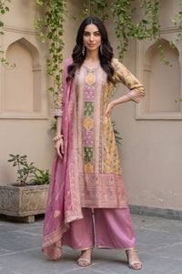Pink Geometric Print Jacquard Straight Kurta Palazzo &amp; Dupatta Set with Sequin Embellishments