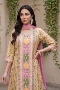 Pink Geometric Print Jacquard Straight Kurta Palazzo &amp; Dupatta Set with Sequin Embellishments