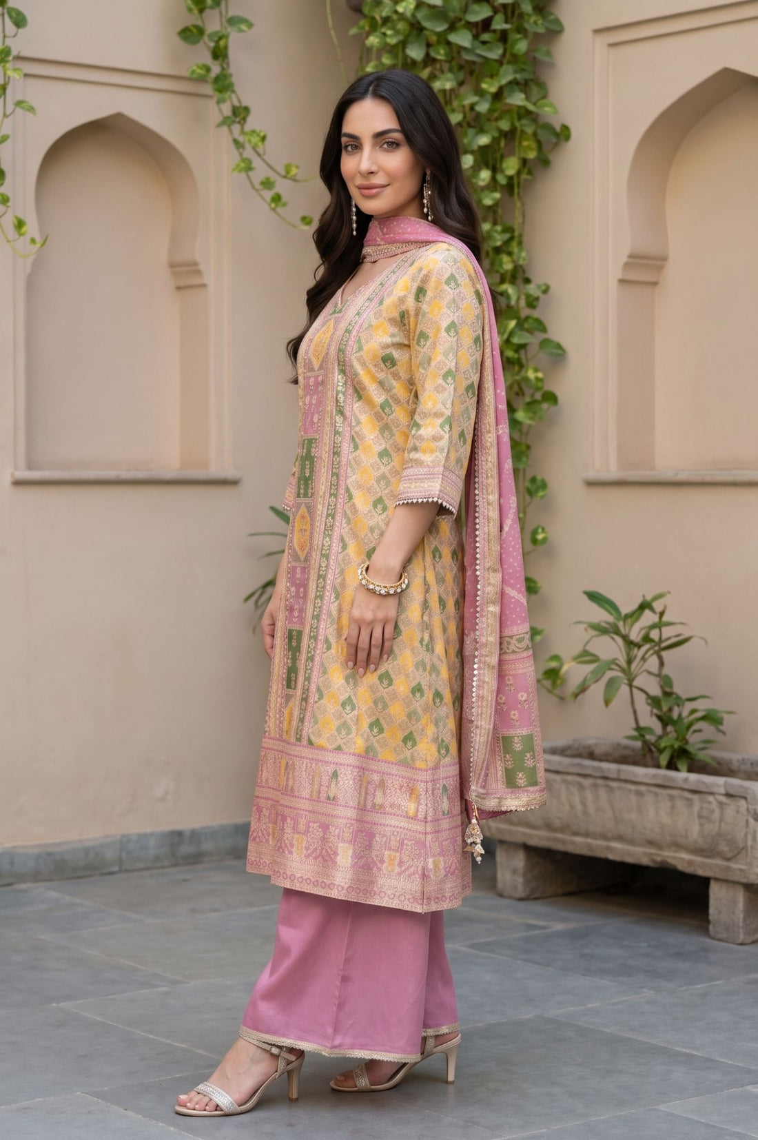 Pink Geometric Print Jacquard Straight Kurta Palazzo &amp; Dupatta Set with Sequin Embellishments