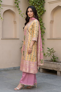 Pink Geometric Print Jacquard Straight Kurta Palazzo &amp; Dupatta Set with Sequin Embellishments