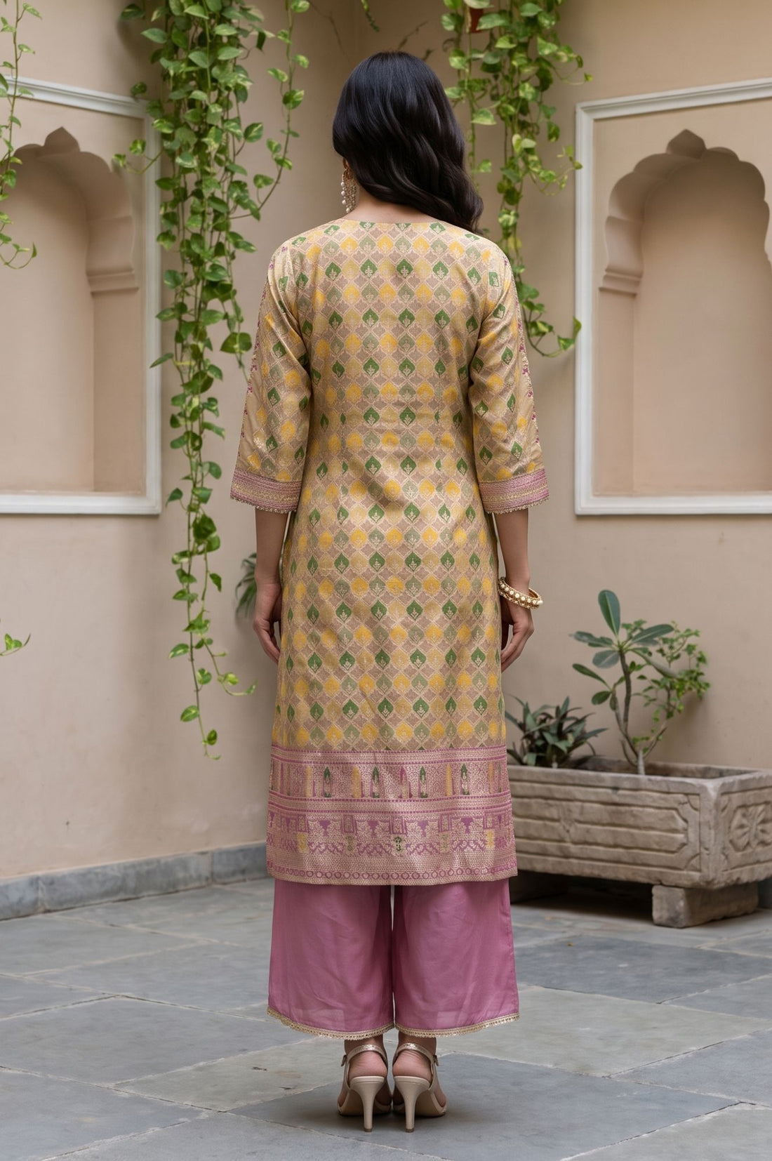 Pink Geometric Print Jacquard Straight Kurta Palazzo &amp; Dupatta Set with Sequin Embellishments