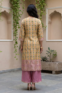 Pink Geometric Print Jacquard Straight Kurta Palazzo &amp; Dupatta Set with Sequin Embellishments
