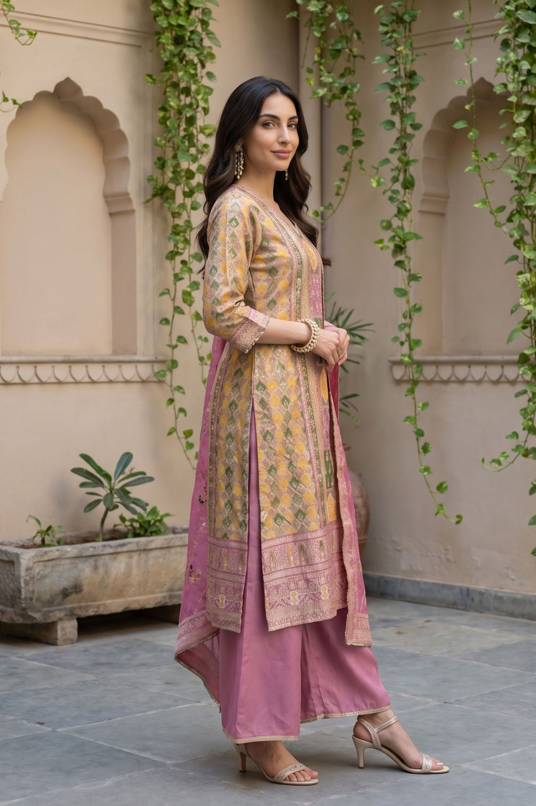 Pink Geometric Print Jacquard Straight Kurta Palazzo &amp; Dupatta Set with Sequin Embellishments