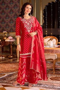 Red Zari Embroidered Jacquard Straight Kurta with Sharara and Dupatta Set