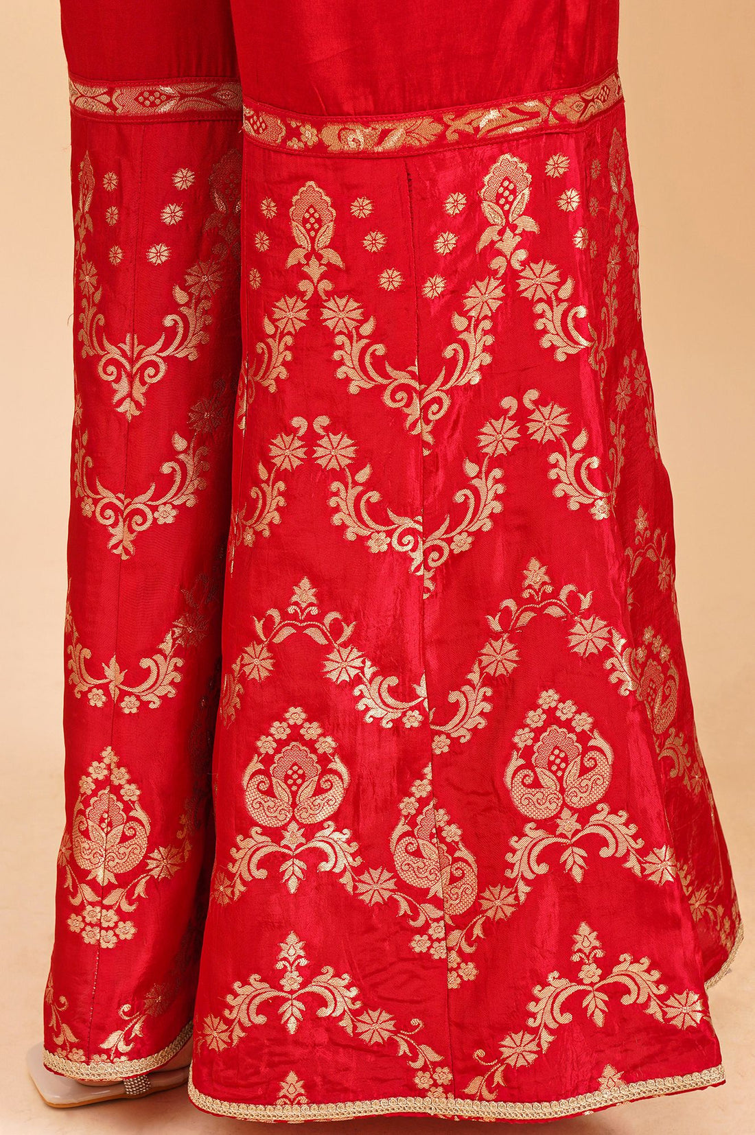 Red Zari Embroidered Jacquard Straight Kurta with Sharara and Dupatta Set