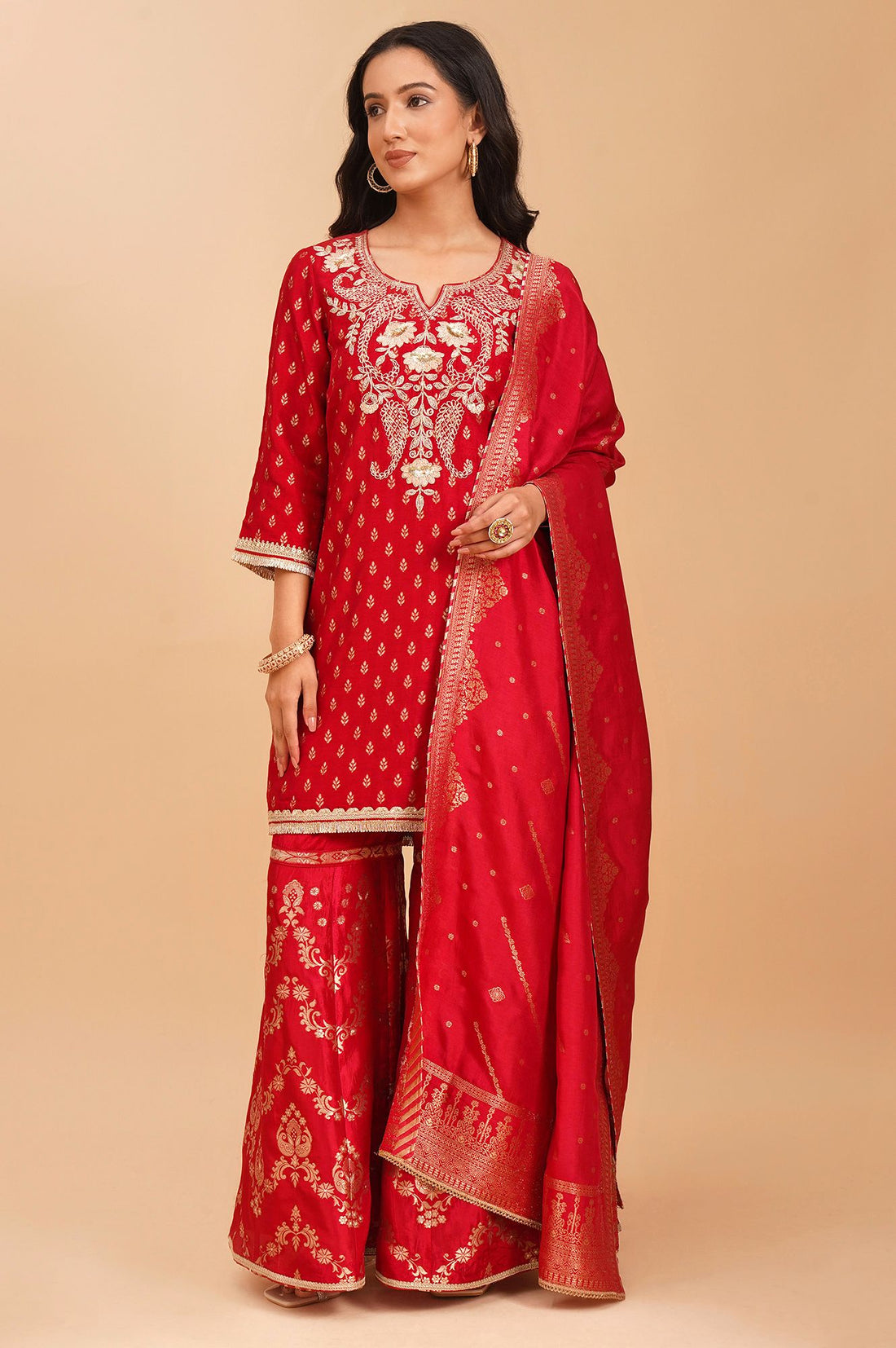 Red Zari Embroidered Jacquard Straight Kurta with Sharara and Dupatta Set