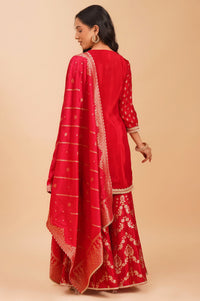 Red Zari Embroidered Jacquard Straight Kurta with Sharara and Dupatta Set