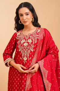 Red Zari Embroidered Jacquard Straight Kurta with Sharara and Dupatta Set