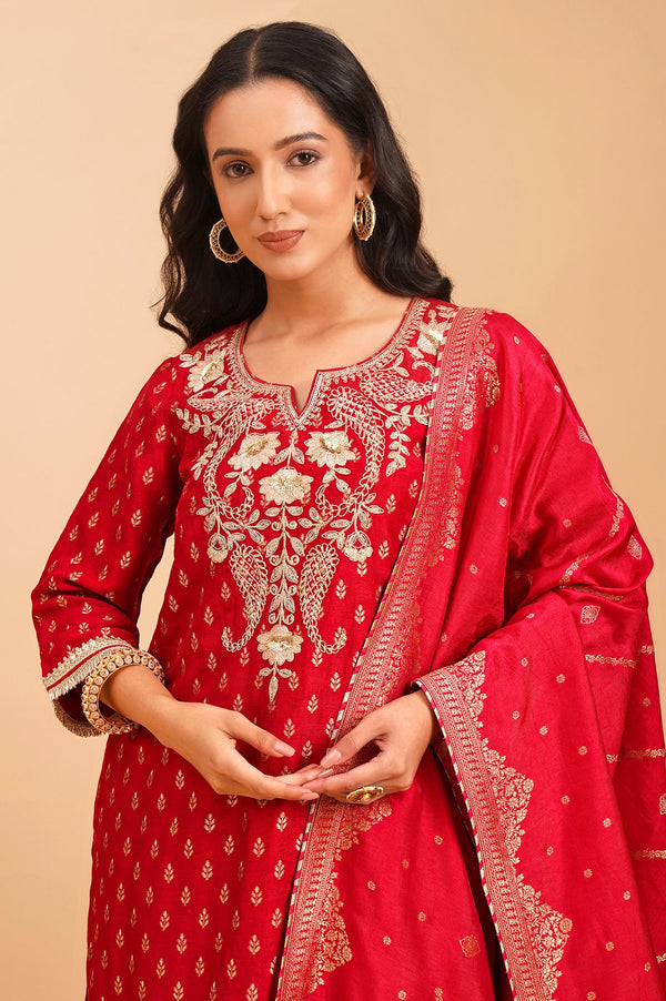 Red Zari Embroidered Jacquard Straight Kurta with Sharara and Dupatta Set