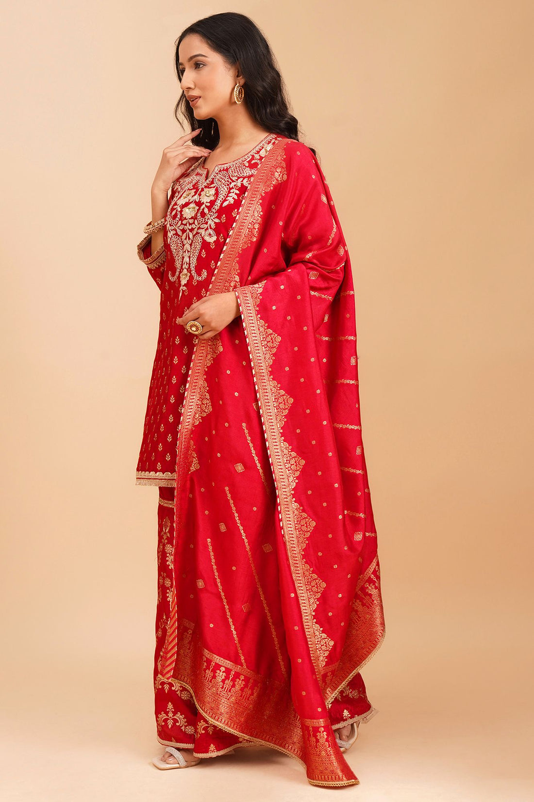Red Zari Embroidered Jacquard Straight Kurta with Sharara and Dupatta Set
