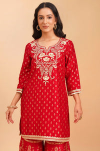 Red Zari Embroidered Jacquard Straight Kurta with Sharara and Dupatta Set