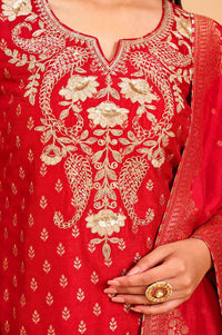 Red Zari Embroidered Jacquard Straight Kurta with Sharara and Dupatta Set