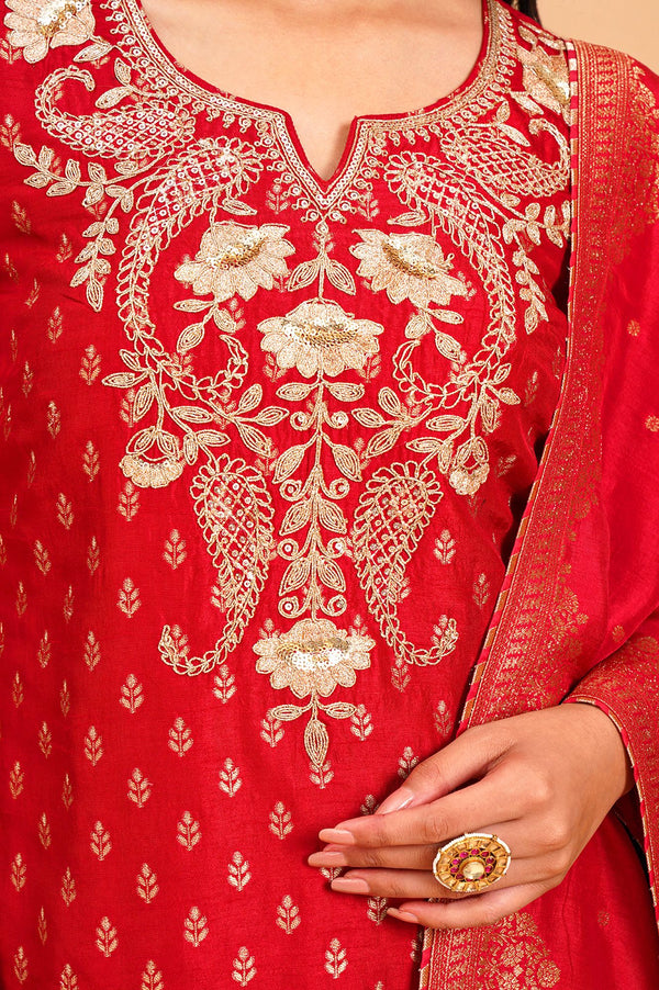 Red Zari Embroidered Jacquard Straight Kurta with Sharara and Dupatta Set
