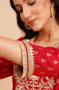 Red Zari Embroidered Jacquard Straight Kurta with Sharara and Dupatta Set