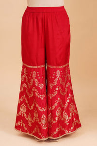 Red Zari Embroidered Jacquard Straight Kurta with Sharara and Dupatta Set