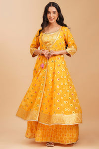 Yellow Embroidered Jacquard Crop Top with Palazzo and Flared Jacket Set