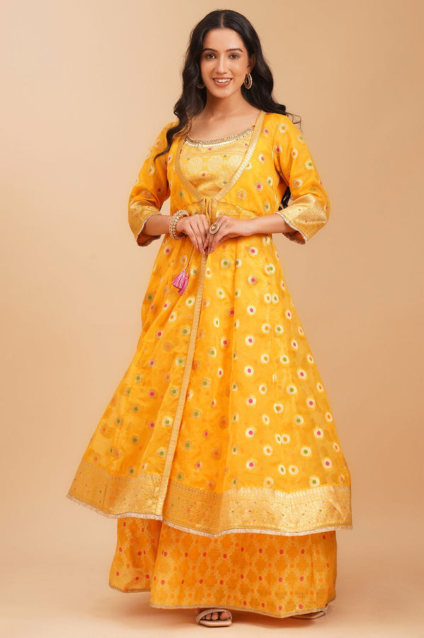 Yellow Embroidered Jacquard Crop Top with Palazzo and Flared Jacket Set