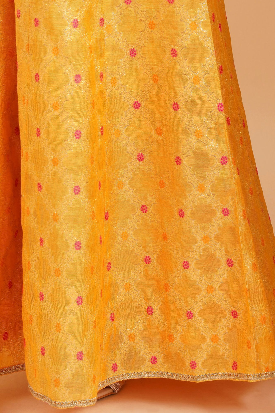 Yellow Embroidered Jacquard Crop Top with Palazzo and Flared Jacket Set