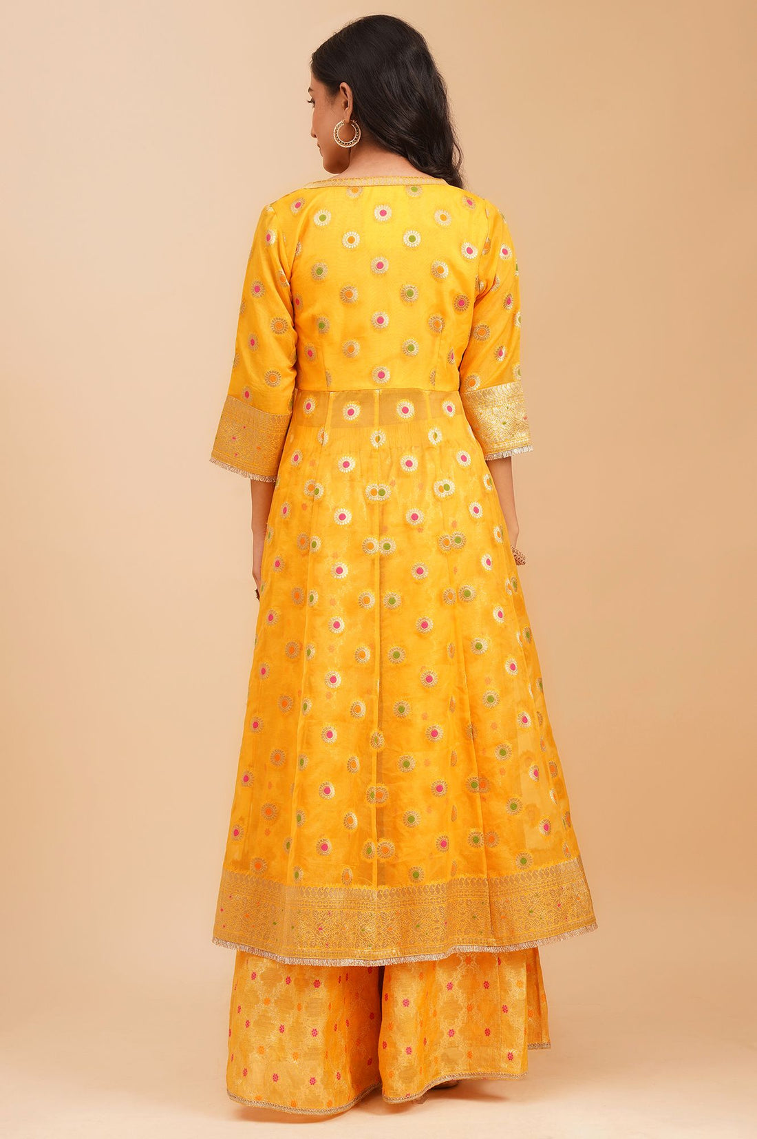 Yellow Embroidered Jacquard Crop Top with Palazzo and Flared Jacket Set
