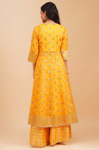 Yellow Embroidered Jacquard Crop Top with Palazzo and Flared Jacket Set
