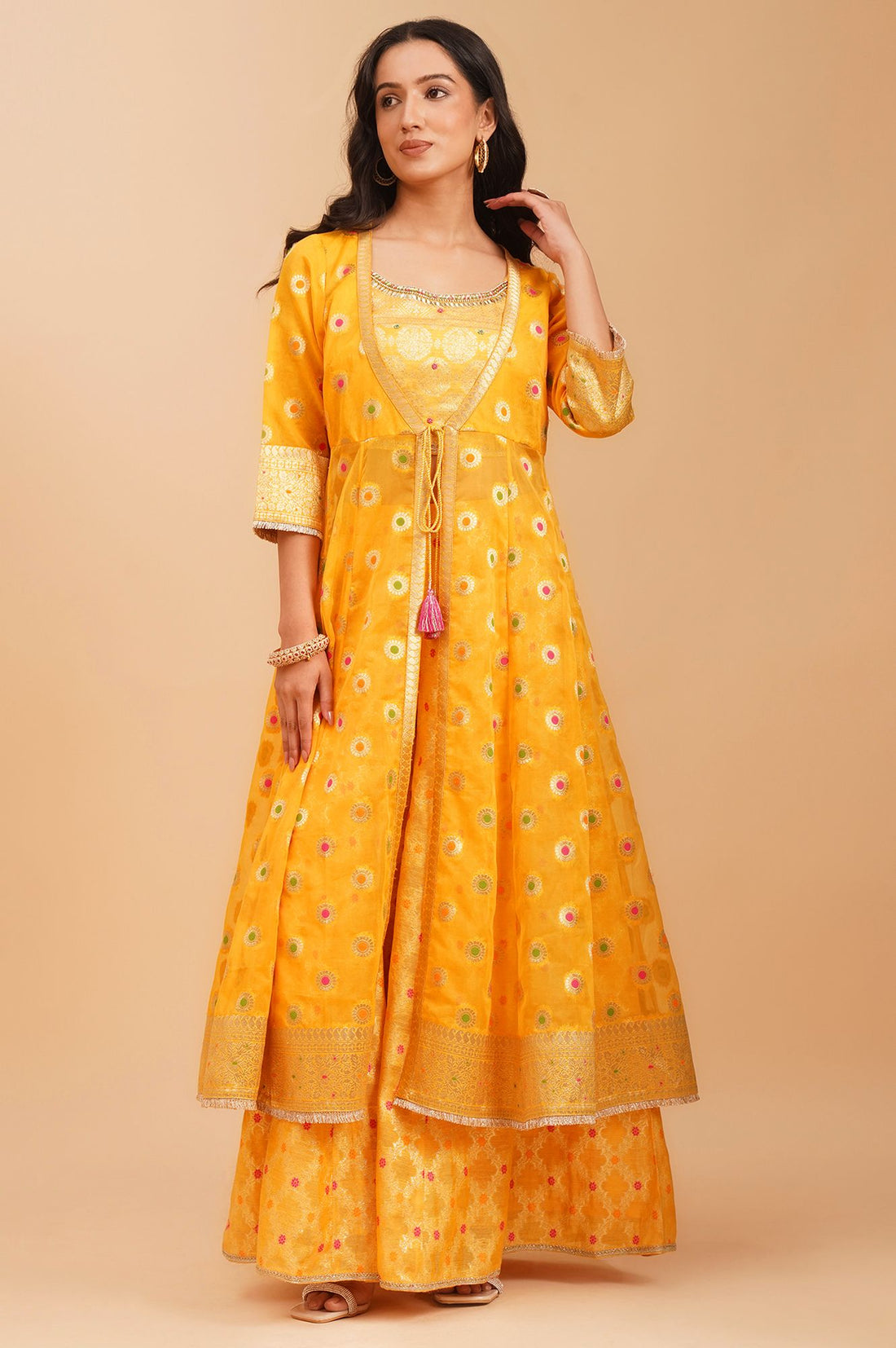 Yellow Embroidered Jacquard Crop Top with Palazzo and Flared Jacket Set