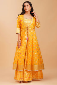 Yellow Embroidered Jacquard Crop Top with Palazzo and Flared Jacket Set