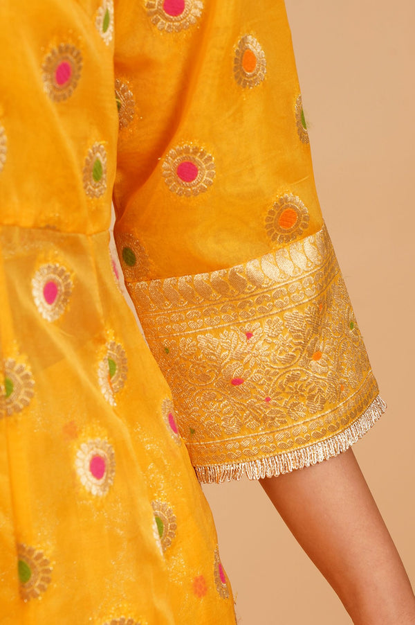 Yellow Embroidered Jacquard Crop Top with Palazzo and Flared Jacket Set