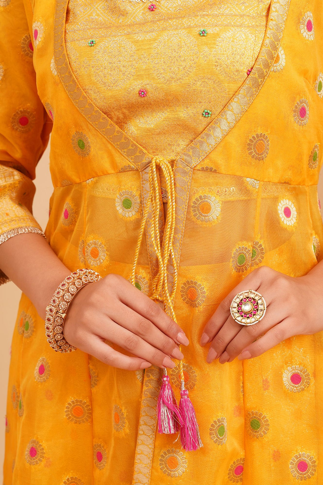Yellow Embroidered Jacquard Crop Top with Palazzo and Flared Jacket Set