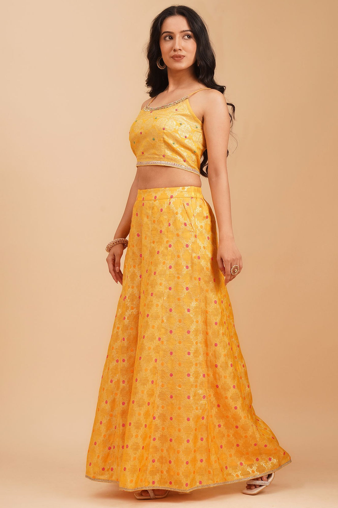 Yellow Embroidered Jacquard Crop Top with Palazzo and Flared Jacket Set