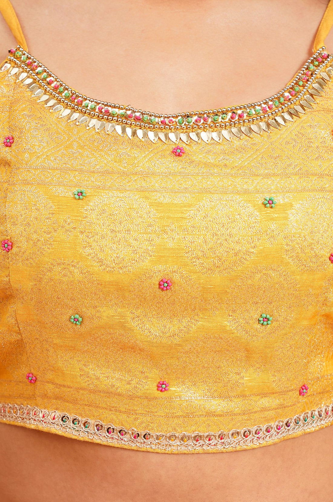 Yellow Embroidered Jacquard Crop Top with Palazzo and Flared Jacket Set