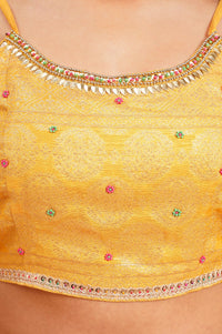Yellow Embroidered Jacquard Crop Top with Palazzo and Flared Jacket Set