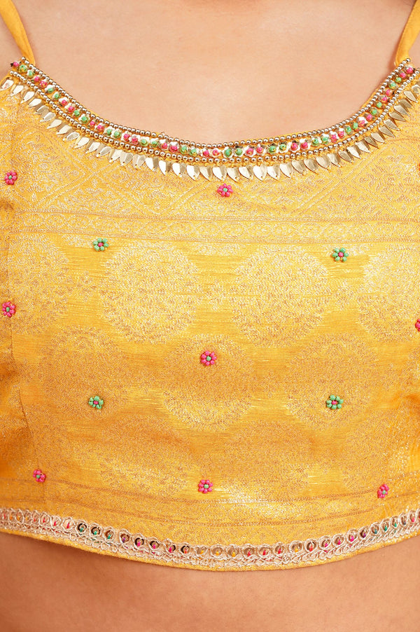 Yellow Embroidered Jacquard Crop Top with Palazzo and Flared Jacket Set