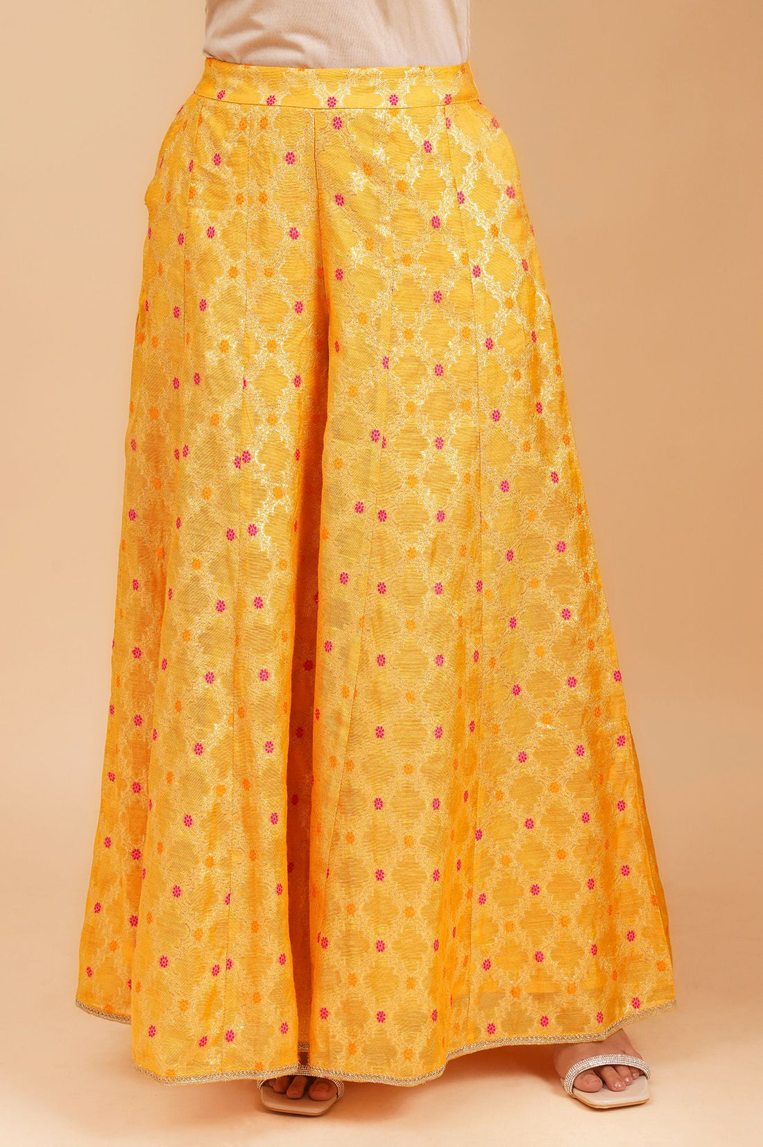 Yellow Embroidered Jacquard Crop Top with Palazzo and Flared Jacket Set
