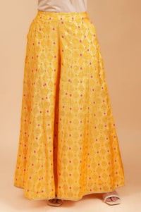 Yellow Embroidered Jacquard Crop Top with Palazzo and Flared Jacket Set