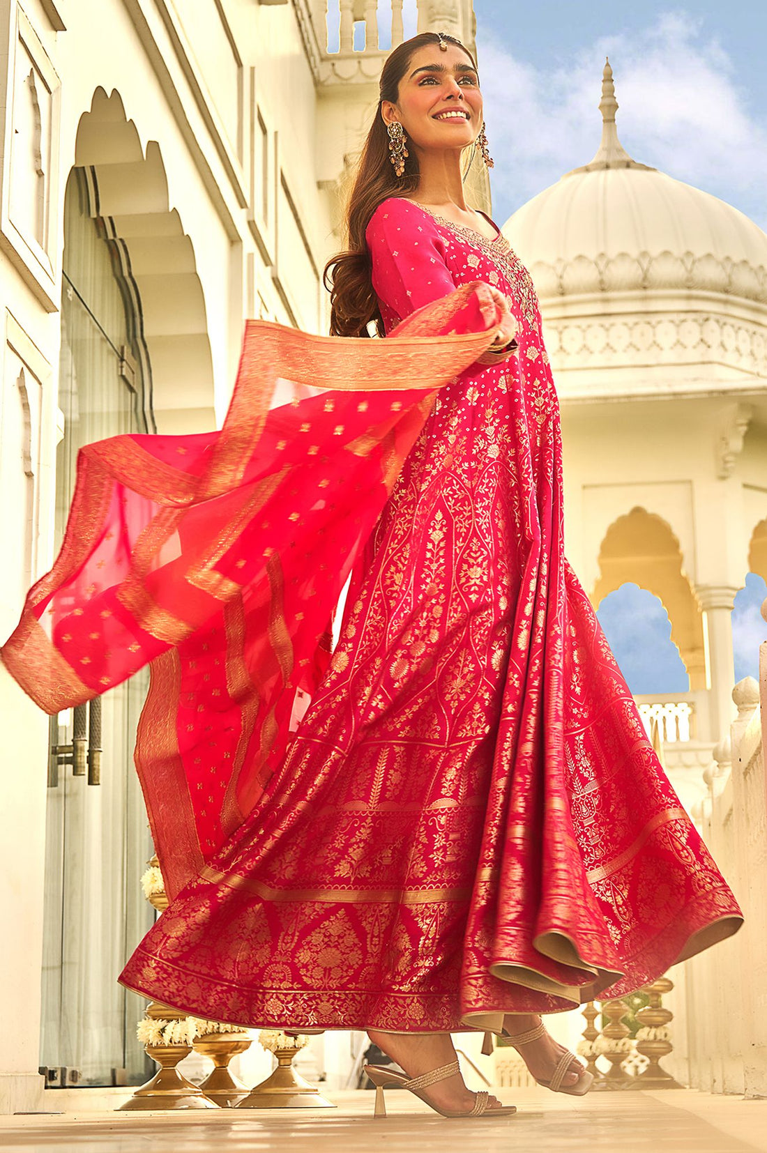 Pink Zari Embroidered Jacquard Flared Kurta with Tights and Dupatta Set